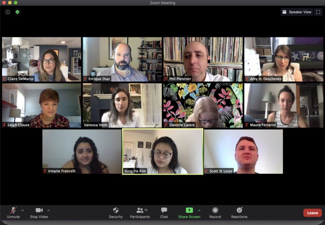 A Zoom meeting with eleven team members in a video grid