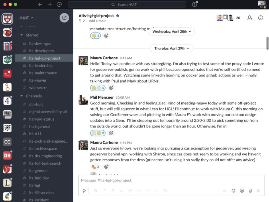 A Slack project channel where team members post morning check-in updates